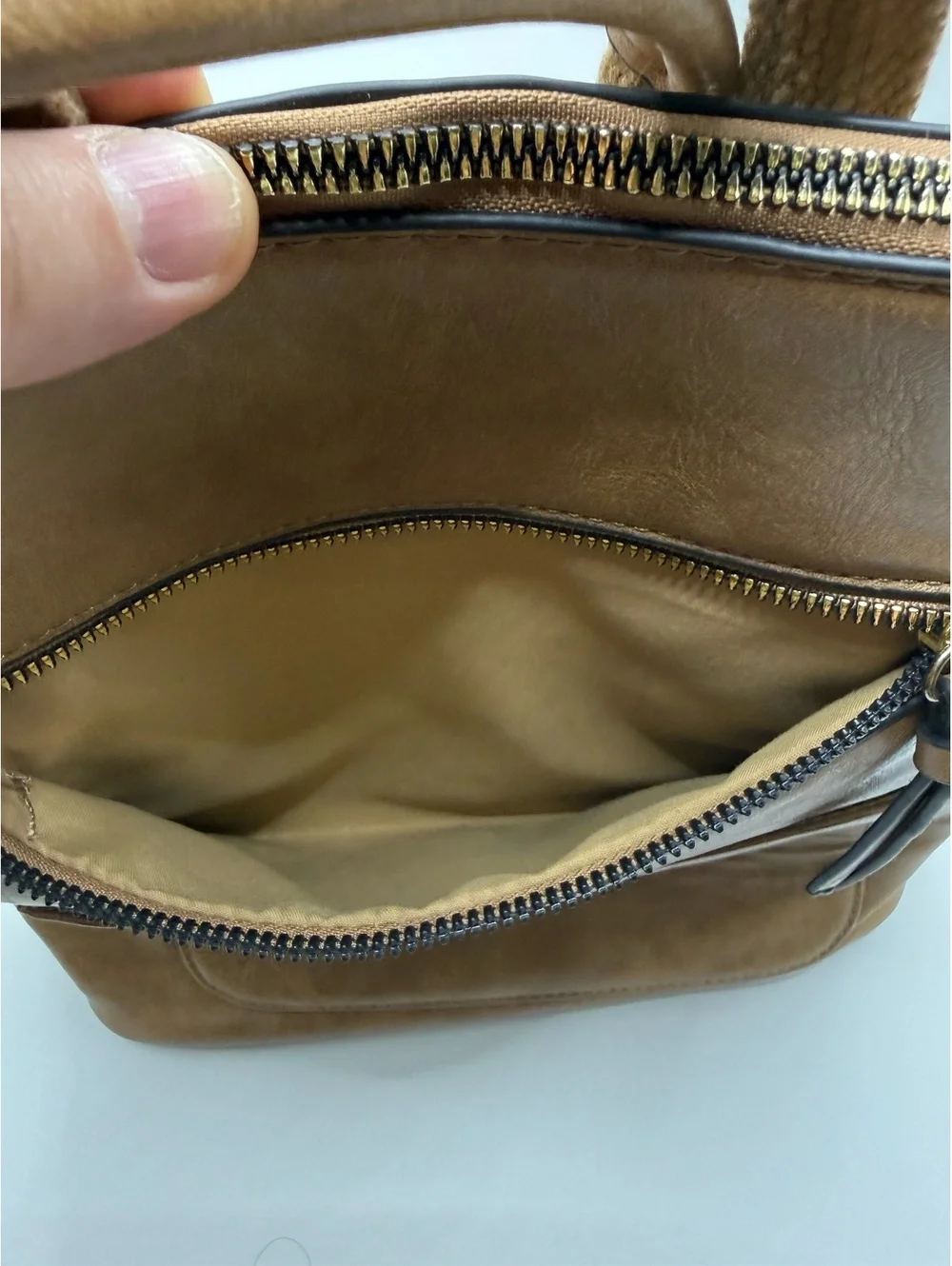 Tan Faux Leather Backpack with Front and Interior Zipper Pck